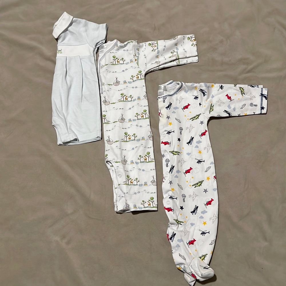 Kissy Kissy  3-6 baby boy onesie, 6-9 footless outfit and pajamas.